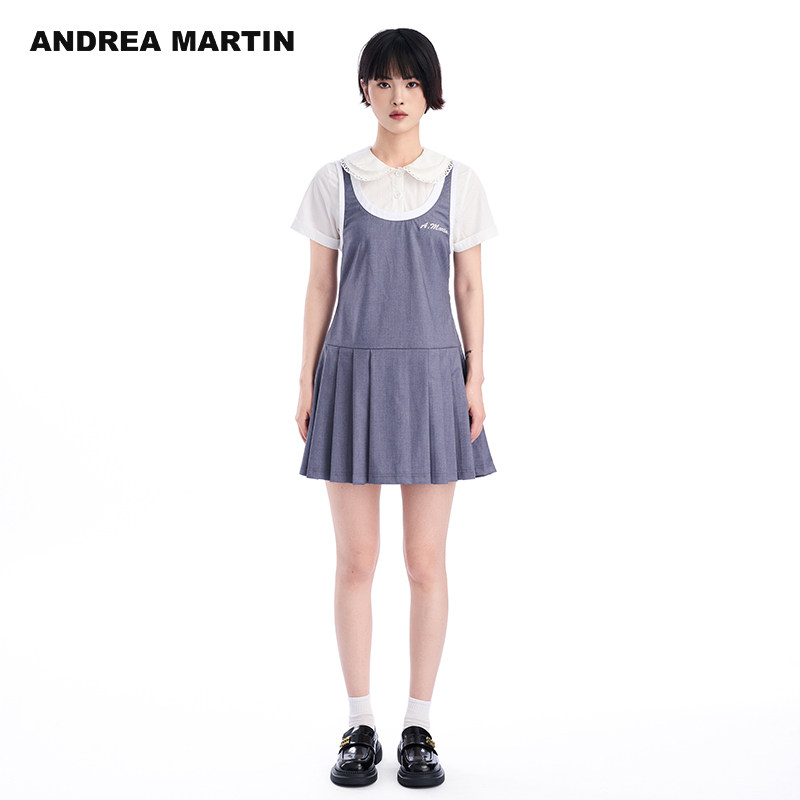 ANDREA MARTIN夏季新款镂空娃娃领连衣裙女假两件刺绣百褶裙