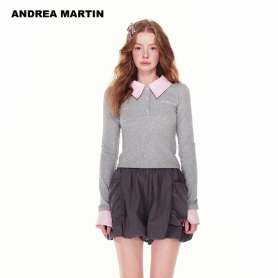 ANDREA MARTIN秋季新款长袖短款分体式刺绣小衫上衣