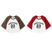 迪丽热巴同款 ANDREA MARTIN两色拼接短款 插肩数字印花短袖 T恤