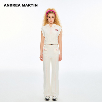 ANDREA MARTIN2025秋季新款时尚套装女无袖帽衫背心刺绣长裤子