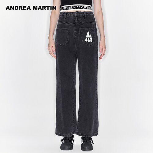 ANDREA MARTIN2026夏季新款黑色女高腰宽松休闲直筒阔腿牛仔长裤