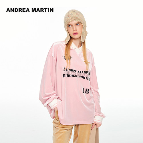 粉色丝绒polo套头衫