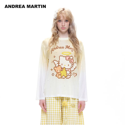 ANDREA MARTIN2026夏新款渐变晕染可爱印花女轻薄烫钻插肩长袖T恤