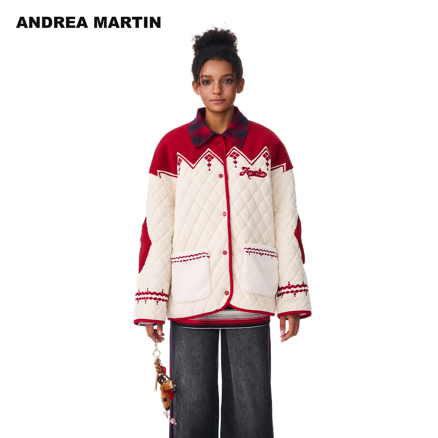 ANDREA MARTIN秋冬新款复古刺绣拼色棉服外套休闲女保暖棉衣