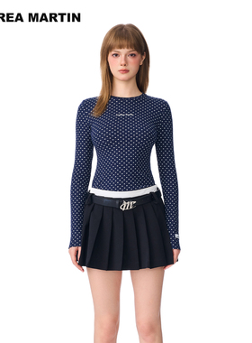 ANDREA MARTIN秋冬新款经典波点打底衫修身刺绣女复古长袖T恤