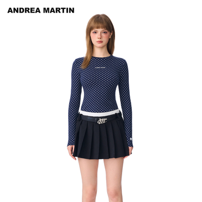 ANDREA MARTIN秋冬新款经典波点打底衫修身刺绣女复古长袖T恤