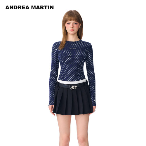 ANDREA MARTIN秋冬新款经典波点打底衫修身刺绣女复古长袖T恤