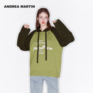 ANDREA MARTIN冬新款撞色插肩连帽字母宽松毛针织衫