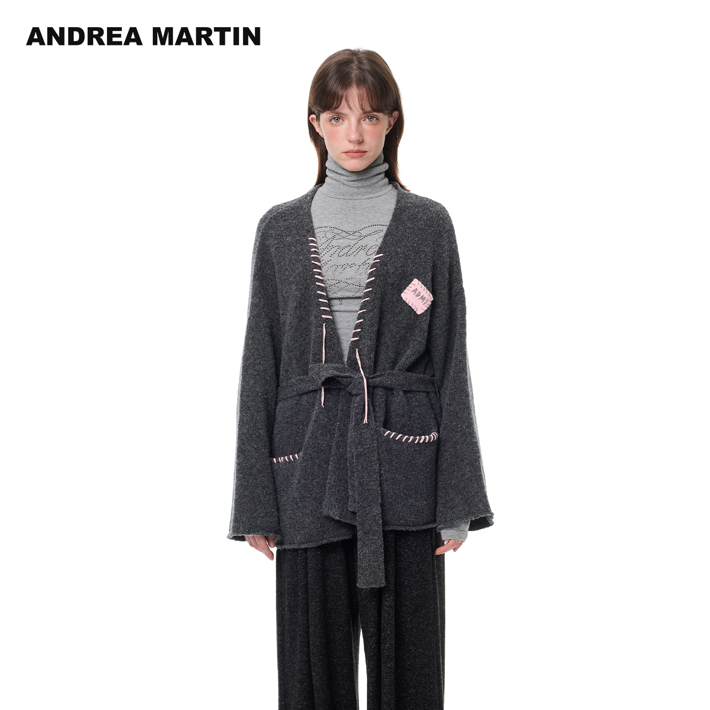 ANDREA MARTIN2025秋冬新款撞色锁边针织开衫女宽松腰带毛衣外套