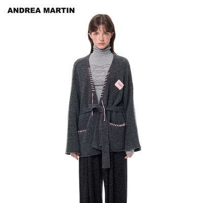 ANDREA MARTIN秋冬新款撞色锁边针织开衫女宽松腰带毛衣外套
