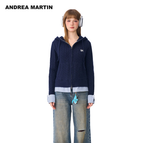 ANDREA MARTIN秋冬新品假两件拼接宽松拉链连帽毛针织衫外套