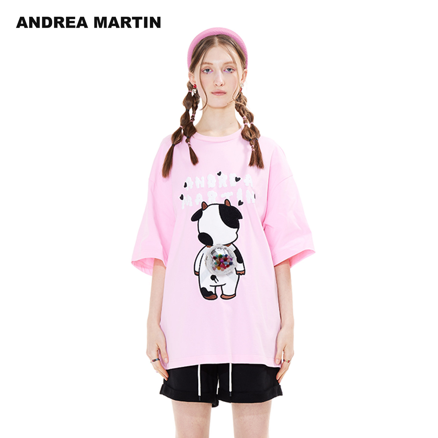 ANDREA MARTIN2026夏季新款可爱奶牛立体印花书包宽松休闲短袖T恤