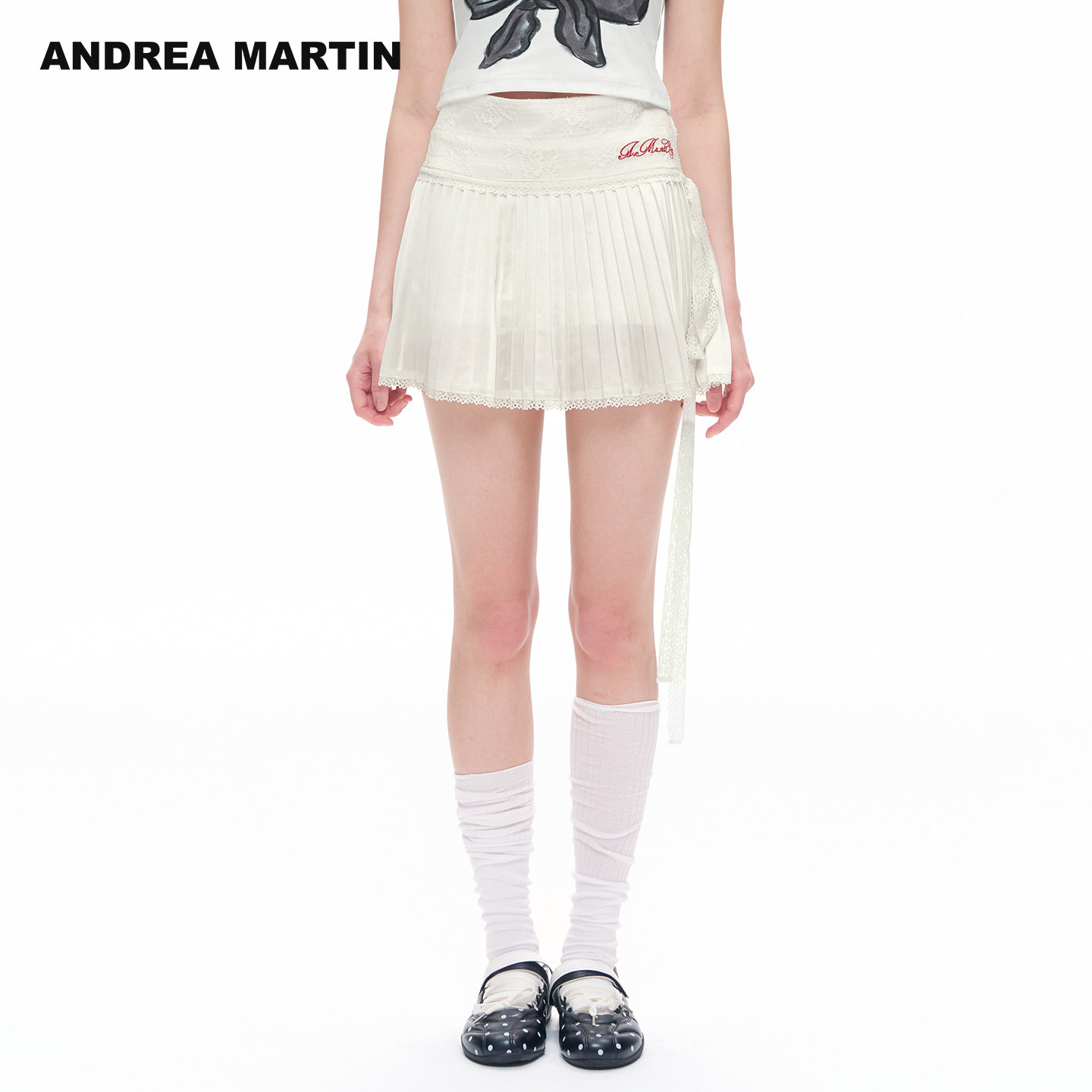 ANDREA MARTIN2026秋季新款甜美蕾丝提花飘带女高腰A字百褶短裙