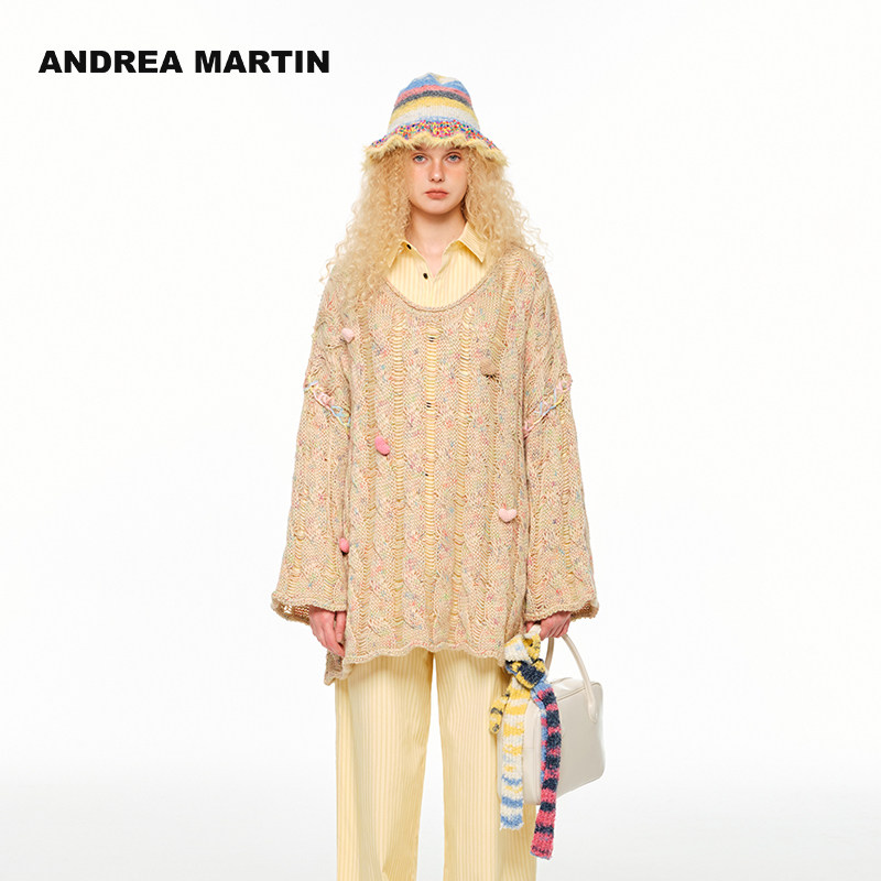 ANDREA MARTIN秋冬新款绵羊毛花纱手工锁边套头毛针织衫