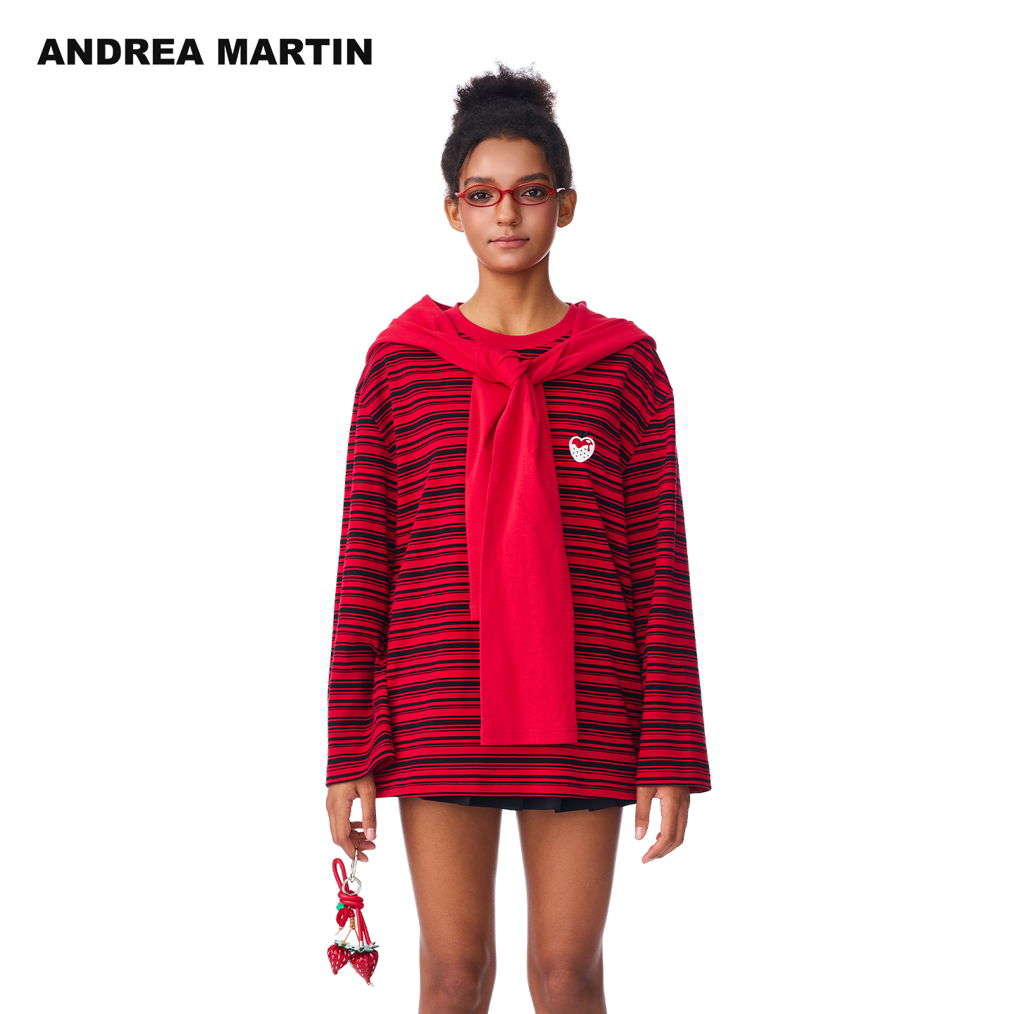 ANDREA MARTIN2025秋冬新款刺绣条纹披肩长袖T恤女宽松休闲百搭