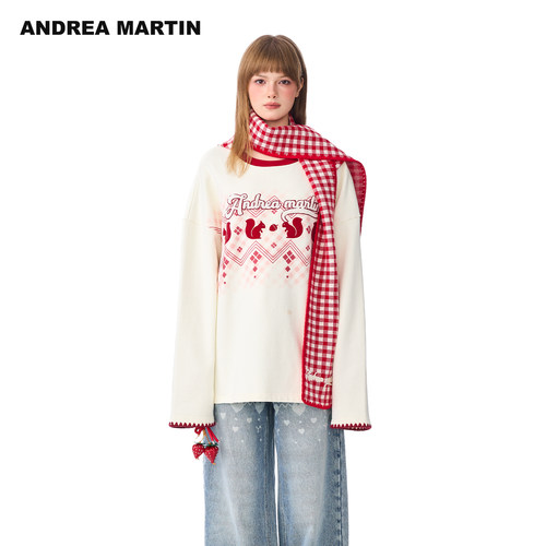 【冯建宇同款】ANDREA MARTIN 秋冬新款格纹连帽围巾长袖宽松卫衣
