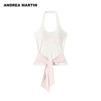 ANDREA MARTIN2026夏季新款烫钻印花飘带甜酷女修身短挂脖背心