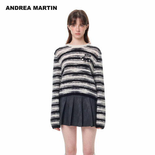 ANDREA MARTIN秋冬新款黑白条纹钩织小牛套头毛衣女宽松上衣
