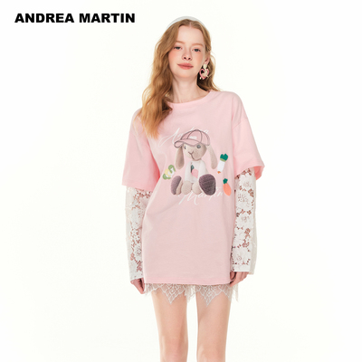 Andrea Martin2025春夏新款短袖t恤女圆领蕾丝拼接卡通印花上衣