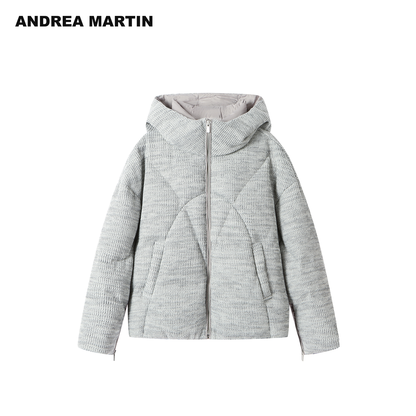 ANDREA MARTIN25冬季新款灰色拼接连帽短羽绒服宽松简约保暖外套