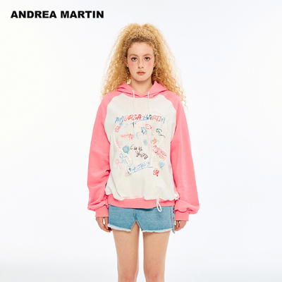 ANDREA MARTIN2025秋季新款长袖卫衣女连帽拼接印花抽绳休闲上衣