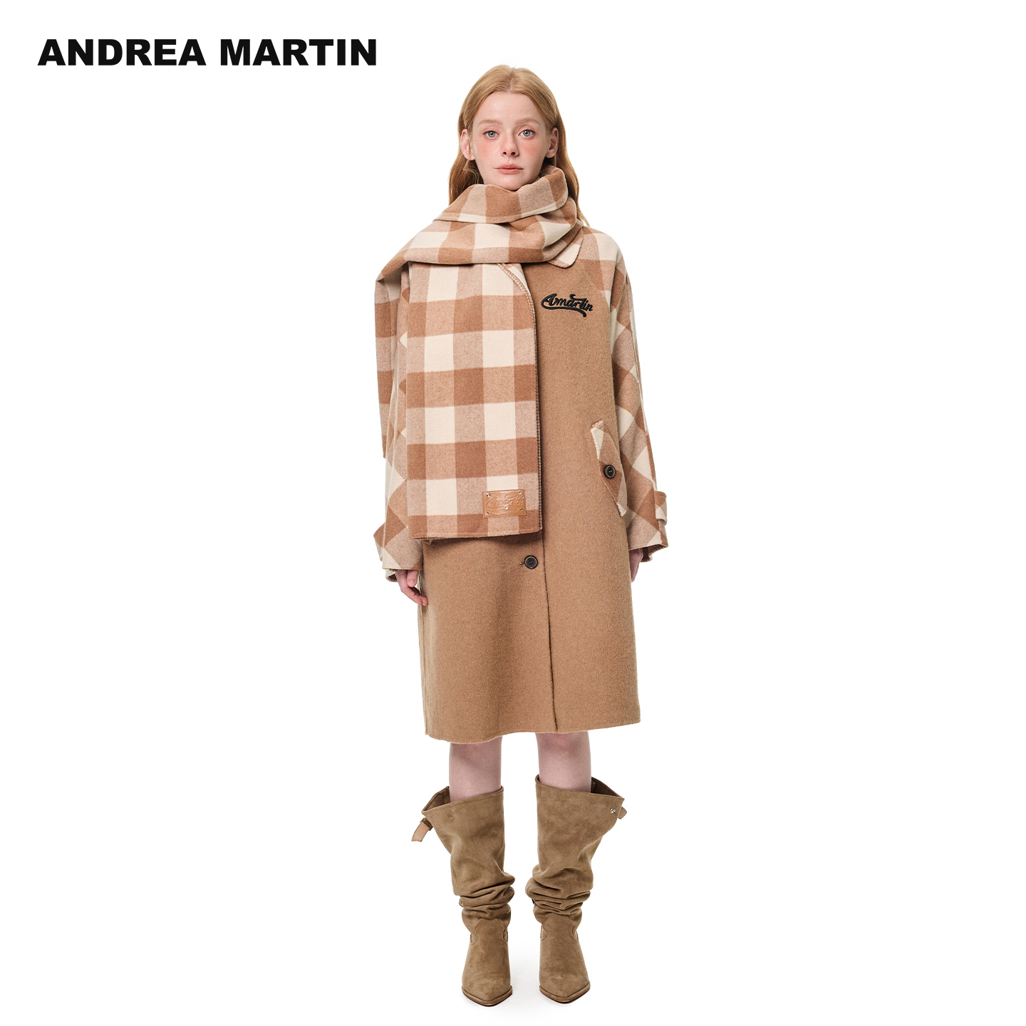 ANDREA MARTIN2025冬新款格子拼色围巾双面呢大衣女宽松休闲外套