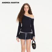 MARTIN2026春季 新款 拼色斜肩长袖 ANDREA 针织T恤女含羊毛修身 上衣