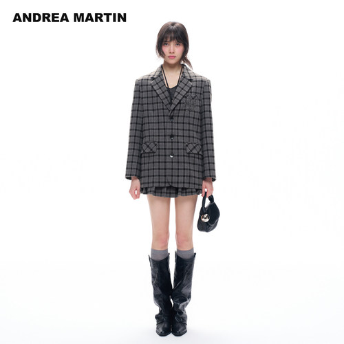 ANDREA MARTIN2026秋季新款灰色复古格纹刺绣宽松女休闲西装外套