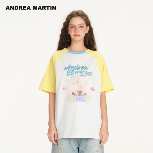 ANDREA MARTIN2026夏季新款拼接趣味萌宠印花插肩短袖T恤休闲宽松