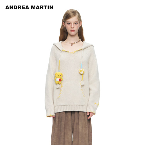 ANDREA MARTIN2026冬新款立体玩偶抽绳连帽针织衫女宽松长袖毛衣