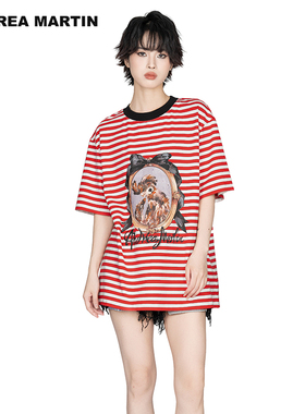 【汪苏泷同款】ANDREA MARTIN夏季新款条纹印花短袖T恤宽松上衣
