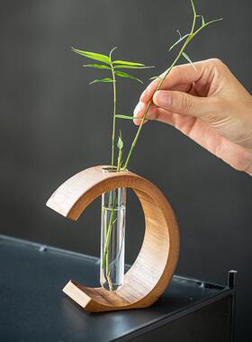 创意中式覆古圆形插花器禅意竹筒水培迷你花器桌面摆件竹制小花瓶