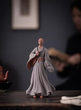 禅意紫砂工艺品大号小和尚摆件中式茶道文化配件茶室博古架装饰品