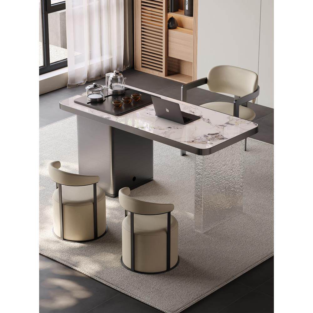 现代简约岩板茶桌椅组合轻奢不锈钢阳台烧水壶一体家用办公小茶台