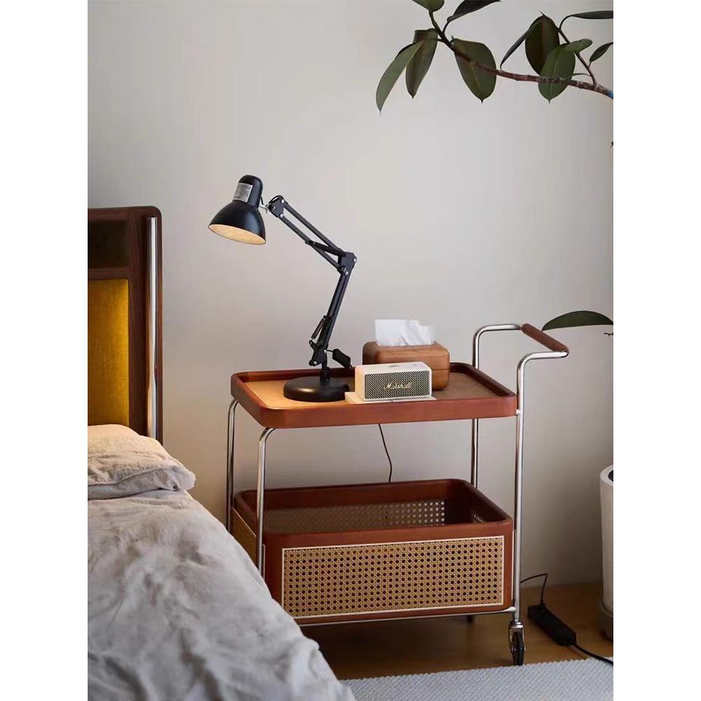 中古实木边几可移动小户型高级藤编极简复古侘寂风沙发茶几小推车