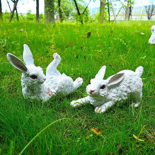 户仿真树脂子摆件花园卡通小白兔子楼雕塑幼儿园林兔盘装MNI饰小