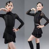 露F水S舞服少NON儿拉丁舞秋冬长袖 背晶棉麻拼接蕾丝练习服女Z童跳