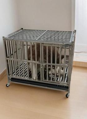 方不锈钢狗笼子大型小犬加厚管折叠YGH耐咬带轮子厕所中室内特大