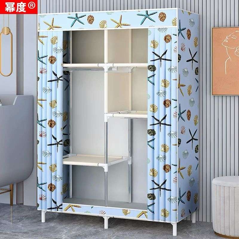 W6布衣柜家用卧室简易衣柜组装出租房全钢架加粗加厚收纳单人衣橱