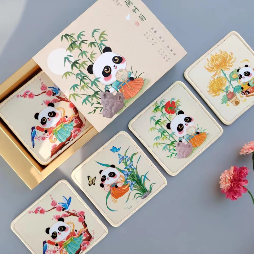 熊猫丝绸杯垫文创中国风特色领导员工福利团购伴手送老外圣诞礼物