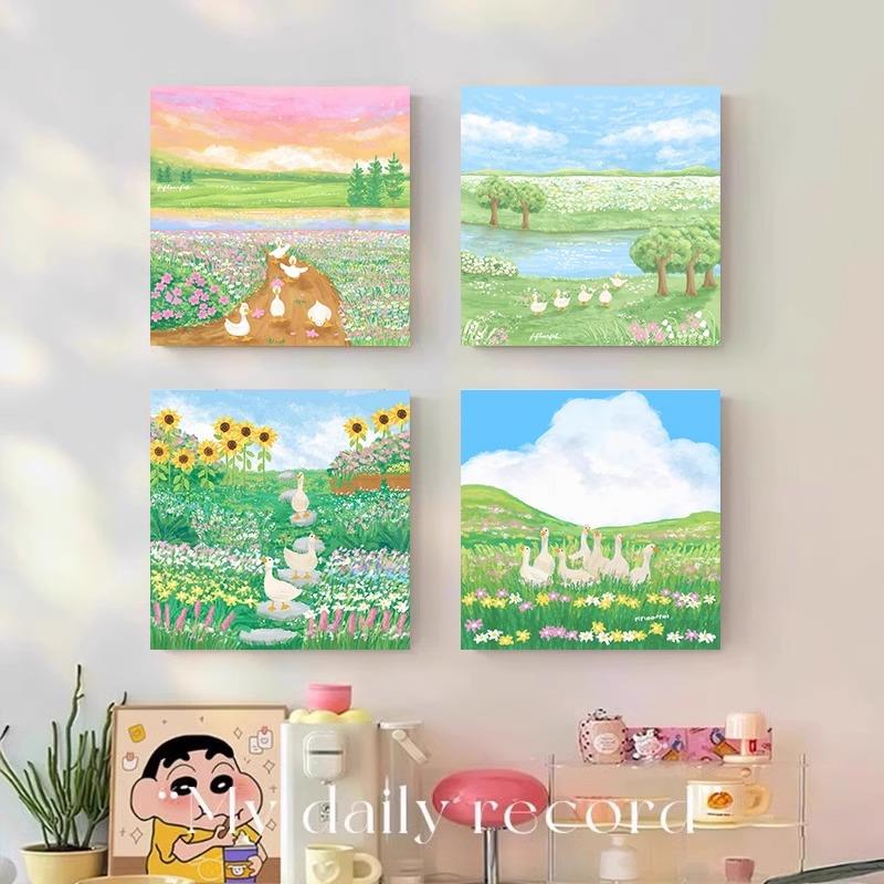 治愈系客厅装饰画卡通开心鸭儿童房卧室挂画田园风小众温馨落地画