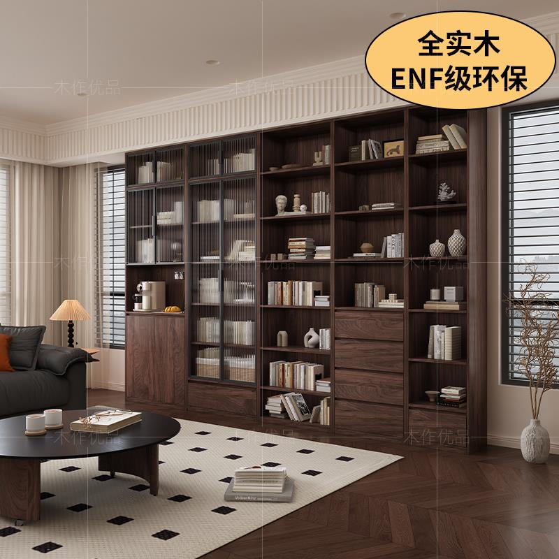 中古风书柜一体整墙法式复古书柜北美黑胡桃色实木书柜满墙书柜