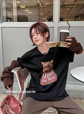 十三行【FISHYU】春季新款猫咪字母印花宽松套头圆领短袖t恤25623