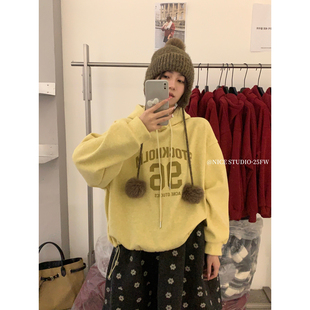 2025冬款 STUDIO 上新英文字母连帽薄绒卫衣女08892 奶思家NICE