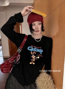 十三行【FISHYU】冬季新款兔子字母印花加绒圆领长袖t恤女25791