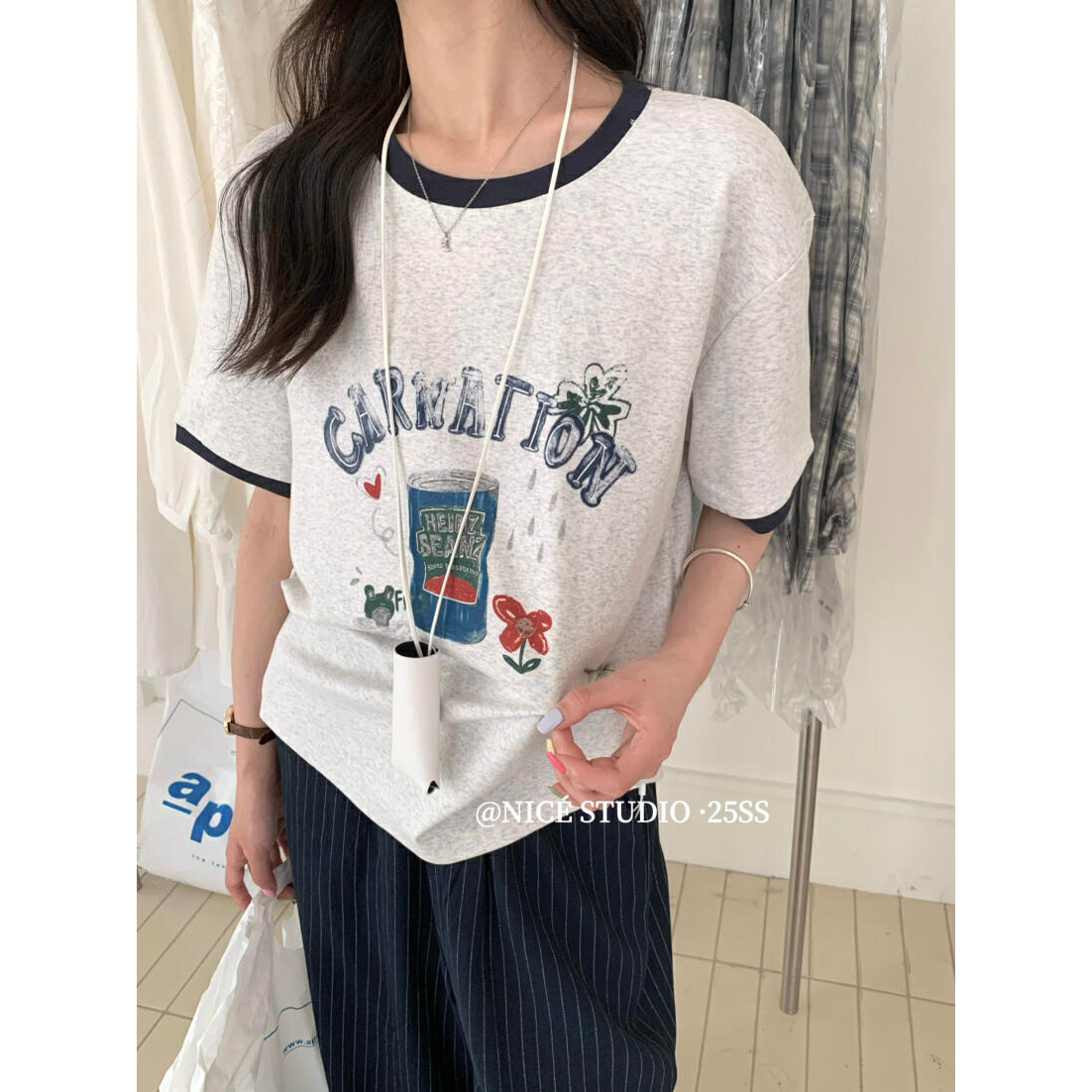 夏上新【奶思家NICE STUDIO】正品 休闲圆领印花百搭短袖T恤08166