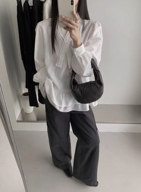 【THINK】现货！秋季V领甜美蕾丝荷叶边拼接长袖小衫上衣女51910#