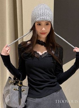 【TTOO VOUIS】正品 早春新款打底修身黑色蕾丝v领针织衫女2434