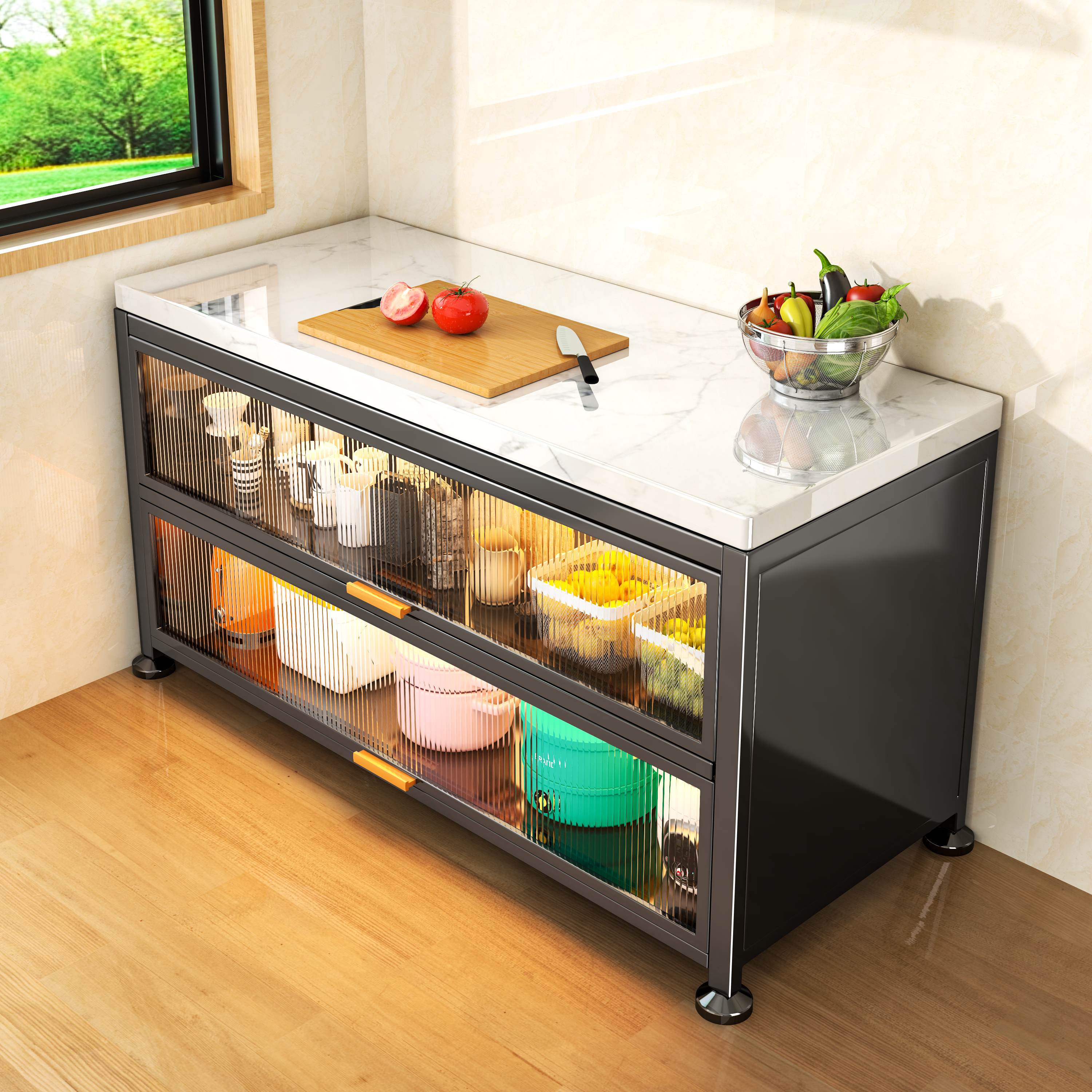 岩板厨房置物架落地多层多功能收纳柜餐边一体靠墙防尘储物柜橱柜,厨房/烹饪用具,微波炉置物架,淘宝优惠券,粉丝福利购,淘宝优惠卷