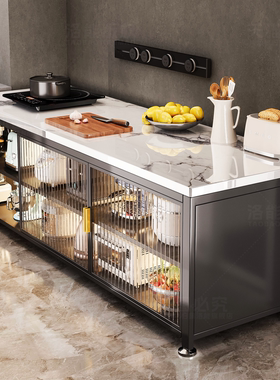 厨房置物架一体靠墙橱柜多功能岩板台面柜子落地碗柜储物柜收纳柜